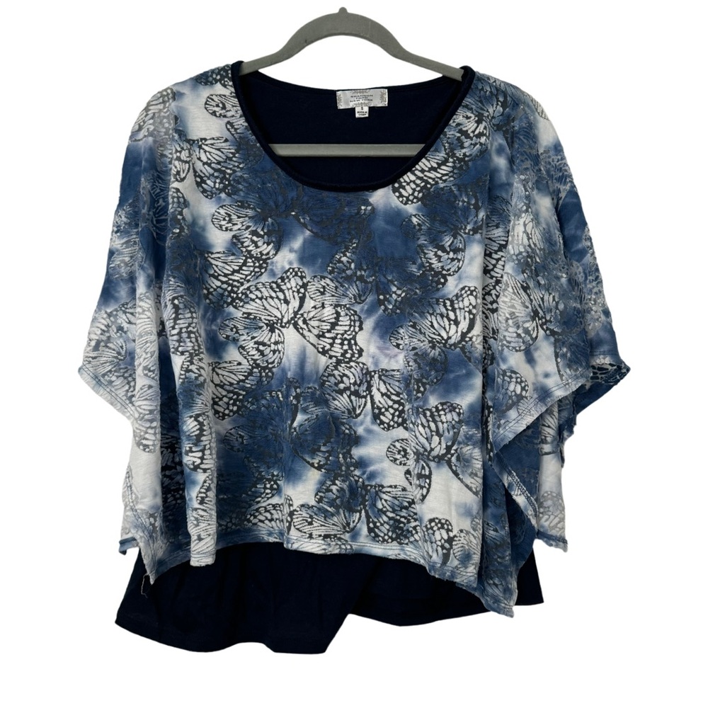 Shannon Ford New York Butterflies Navy White Y2K Sheer Popover‎ Top Size Small